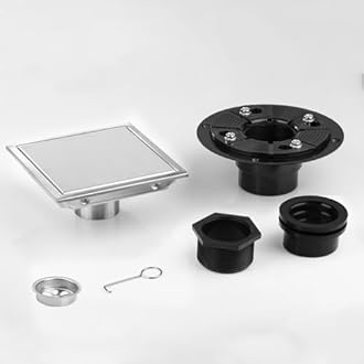 Elefloom Square Shower Drain, Silver Shower Drain 6 inch with Flange and 2 in 1 Tile-Insert Cover, AISI 304 Stainless Steel Shower Floor Drain with Hair Catcher and Flange