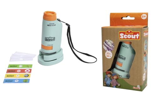 Simba 109452666 - Scout Kinder-Mikroskop ab 5 Jahre - kleines Taschenmikroskop (11 cm) mit 60-180-facher Vergrößerung, 7 Objektträgern & Licht, Forscher- und Entdecker-Spielzeug inkl. Batterien