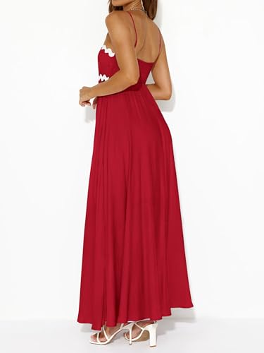 Image of PRETTYGARDEN Women Spaghetti Strap Boho Maxi Dresses Flowy | Sleeveless Smocked Long Dress, Striped Trim Flowy Dress Pockets, Elegant Square Neck Beach Sundress, Casual Summer Outfits