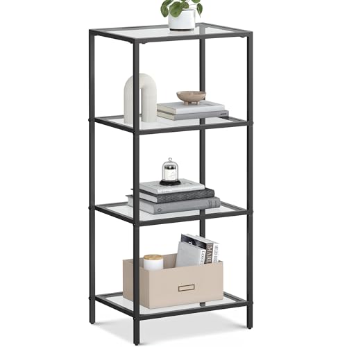 VASAGLE Librería, estantería de 4 niveles, estantería, vidrio templado, fácil montaje, para sala de estar, baño, oficina, negro ULGT028B61