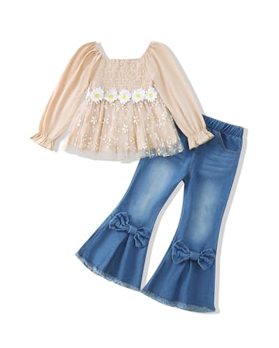 Image of XUANHAO Toddler Girls Clothes Puff Sleeve Smocked Shirt Flare Jeans Pant Outfits for Girl Bell Bottom Kids Girls Clothing Set
