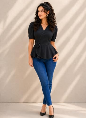 Image of IUGA Women Black Wrap Peplum Top for Women | Puff Half Sleeves V-Neck Casual Western Top | Stylish Regular Fit Tops for Girls