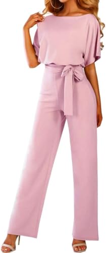 Walant Femmes Combinaison Manches Courtes Col Rond Couleur Unie Barboteuse Jumpsuit D'été Chic Élégant Slim Pantalon Loose Casual Combishort avec Ceinture,...