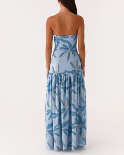 Image of Women Floral Strapless Maxi Dress Y2K Bodycon Tube Long Dresses Sexy Party Formal Cocktail Beach Slit Dress