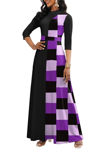 Image of FANDEE Womens Elegant Maxi Dresses Mock Neck Colorblock Casual Long Dress