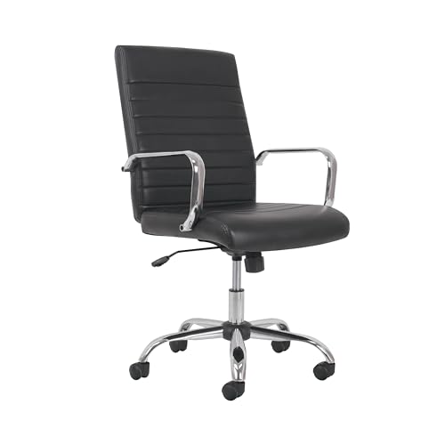 Image of HON Sadie Executive Ergonomic Office Chair with Leather Upholstery, Chrome Arms and Back Support, Mid Back Desk and Computer Chair for Home Office or Conference Room, 360 Swivel, Black