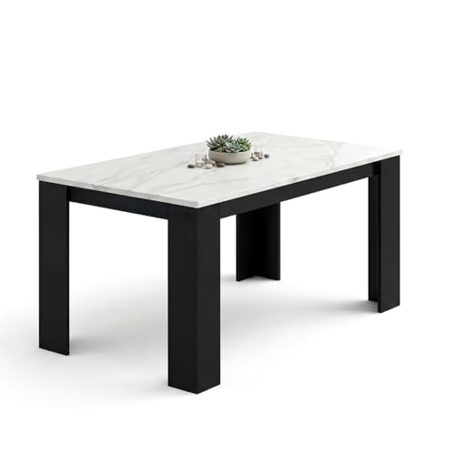 duehome | Mesa de Comedor, Mesa Fija, Modelo Naya, Acabado en Negro Mate y Efecto Mármol Blanco, Medidas: 140 cm (Largo) x 80 cm (Ancho) x 75 cm (Alto)