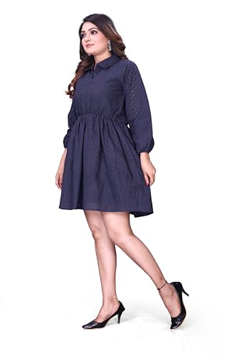 Image of Women's Cotton Self Design Chicken Work Midi Dress for Women | One Piece Dress for Women