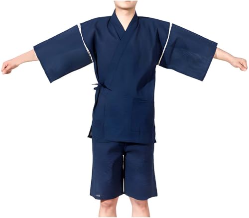 Men's Kimono Japanese Shirt and Shorts Suit, Cotton Linen Loungewear Lounge Set Spa Bathrobe, Blue