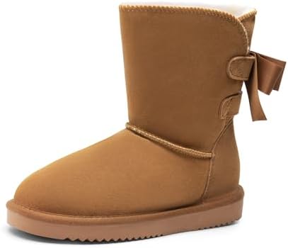 DREAM PAIRS Damen Winter Schneestiefel FuzzyChic | Schleife Echtes Wildleder Kunstfellfutter Memory-Schaum Warme Winter Kurzstiefel für drinnen und draußen