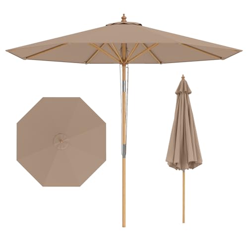 COSTWAY Sonnenschirm 270 cm, Gartenschirm aus Holz, beidseitig um 30° knickbar, Balkonschirm, Terrassenschirm, Sonnenschutz, Marktschirm für Garten, Balkon, Terrasse (Khaki Tan)
