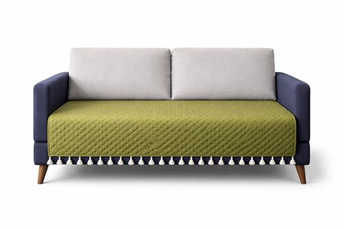 Image of VAS COLLECTIONS 3 Seater Quilted Velvet Sofa Cover with Tassels | Soft Washable Sofa Protector for Living Room | Elegant Furniture Cover for Home Decor (Green)