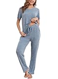 Wikoan Damen Pyjama Sommer Schlafanzug Damen Lang Kurzarm Nachtwäsche Zweiteiliger Rippenstrick Pyjama Set Sleepwear Lounge Set Hellblau XL