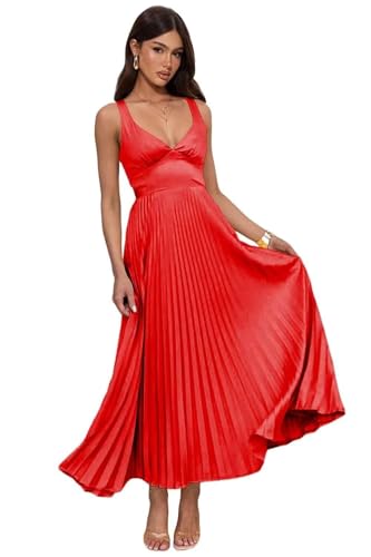 Plus Size Pleated Bridesmaid Dresses for Women V Neck Satin Corset Midi Fomal Dresses A Line Wedding Guest Dress Red
