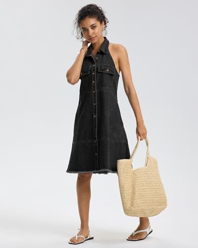 Locachy Women's Summer Sleeveless Halter Neck Button Down Denim Dress Casual A-Line Jean Shirt Dresses3