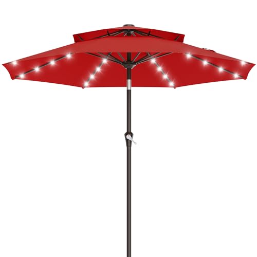 Image of AreShark 9ft 2 Tiers Patio Umbrella with Solar Lights, Outdoor Umbrella w / 32 LED Lights&8 Sturdy Ribs, Table Umbrella for Deck, Backyard, Pool(Red)