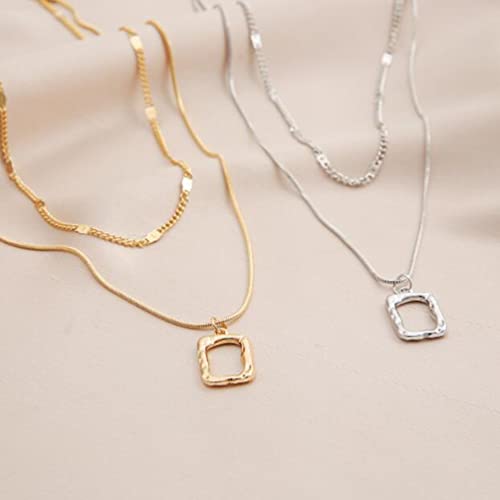 Double Layer Gold Openwork Square Necklace Gold And Silver 2 Piece Stackable Necklace #TOP4