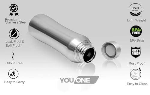 Image of YOUONE Stainless Steel Water Bottle (1 Litre, Set of 1)| Leak Proof Thunder for Fridge Home Office Travel School Kids Boys Girls Adults Sports Gym Yoga (Silver)