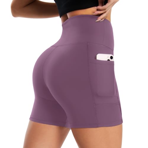 NEW YOUNG Biker Shorts Women with Pockets-5"/8" High Waisted Tummy Control Workout Gym Running Yoga Shorts Purple