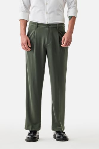 Image of SNITCH Men Casual Trousers | Loose Fit Pleated Front Plain Wide-Leg Style | Lightweight Polyester Blend Medium-Stretch Fabric for Summer & All-Day Comfort Wear