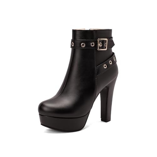 Women's Leather Ankle Boots Rivet Buckle High Heels Zipper Platform Ankle Booties