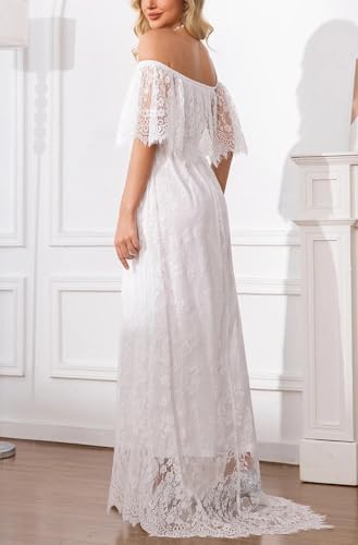 Image of HOYISHION Women's Off The Shoulder Floral Lace Maxi Dress White Bridesmaid Wedding Party Maternity Photoshoot Long Dresses