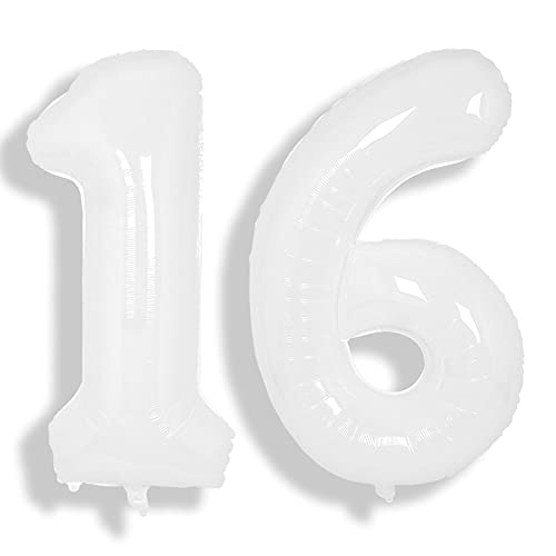 Image of SUWEN 40 Inch White Large 16 Balloon Number Big Foil Helium Numbers 0-9 | Giant Jumbo Happy 16th Birthday Party Decorations for Men or Women Huge Mylar 61 Anniversary Party Supplies