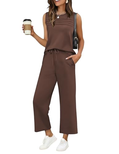 Ekouaer Summer Two Piece Pants Sets for Women Sleeveless Top Wide Leg Pants Lounge Sets Travel Clothes Brown Medium