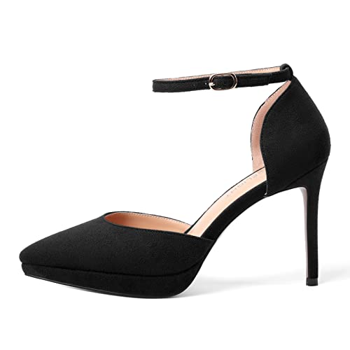 AMBELIGHT Womens Pointed Toe Evening Suede Elegant Dress Shoes Ankle Strap Buckle Stiletto High Heel Pumps Shoes 4 Inch2
