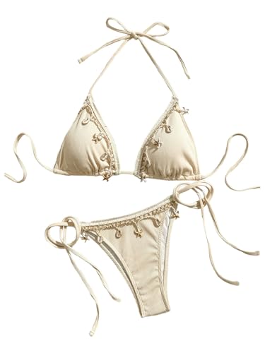 Verdusa Women's 2 Piece Sexy Halter Triangle Bikinis Thong Tie Boho Seashell Bikini Sets Swimsuits Swim Bathing Suit Beige Small