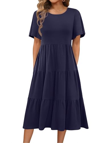 Image of Zeagoo Women's Summer Flowy Midi Dress Casual Flutter Sleeve O Neck Tiered Beach Sundress Short Sleeve Dress Navy Blue