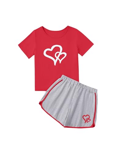Image of Girl's 2 Piece Outfits Cute Summer T-Shirt and Graphic Shorts Clothing Sets Red Grey 7-8Y