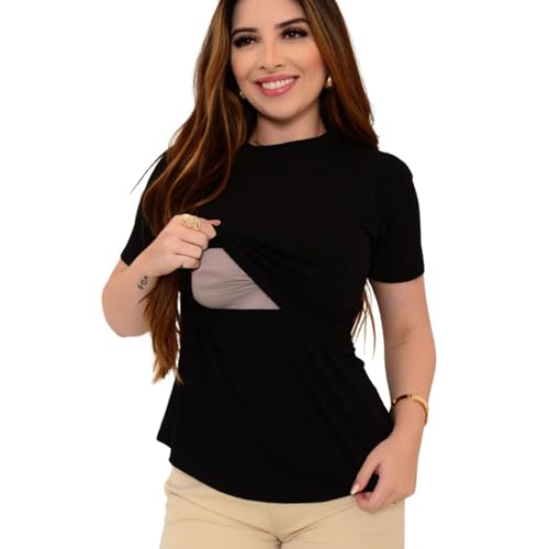 Blusa amamentação camiseta feminina maternidade t-shirt gestante blusinha grávida mãe leite manga curta viscolycra premi (BR, Alfa, GG, Regular, Padrão, Preto)