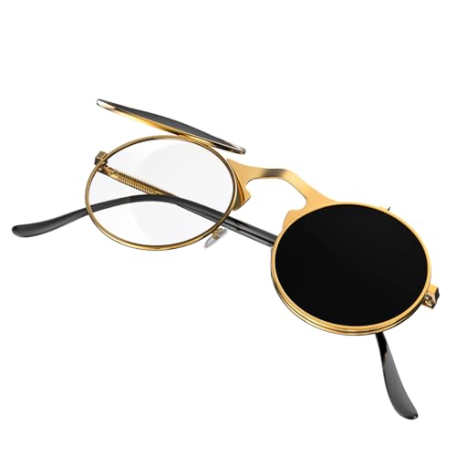 Unisex Retro 80s/90s Flip-Up Round Sunglasses Steampunk Rave Shades with Double Lenses