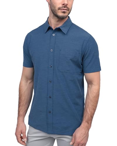 INTO THE AM Men's Casual Button Up Shirt Essential Short Sleeve Button Down Shirts - Stylish Business Casual Dress Shirt (Cool Blue, X-Large)