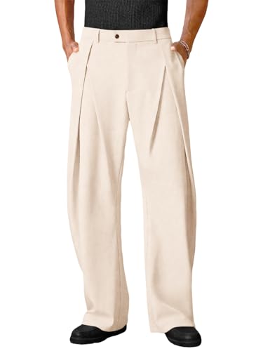 Runcati Mens Baggy Wide Leg Dress Pants Pleated Zipper Fly Casual