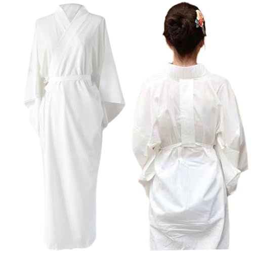 Bata japonesa tradicional blanca estilo kimono de mujer con elegantes mangas largas y cinturón 2