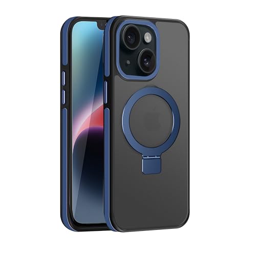 Image of amazon basics Grip Case for iPhone 13 and iPhone 14 | Horizontal and Vertical Metal Rotating Stand Included (Blue)