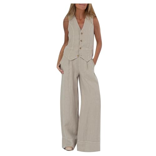 Womens Blazer Set Sleeveless V Neck Linen Vest And Pants Matching Set