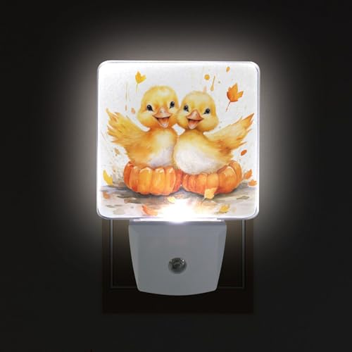 Image of Cute Ducks Pumpkins Night Lights 2 Pack Plug-in Wall Led Nightlight Auto Dusk-to-Dawn Sensor Lamps for Bedroom Kitchen Bathroom