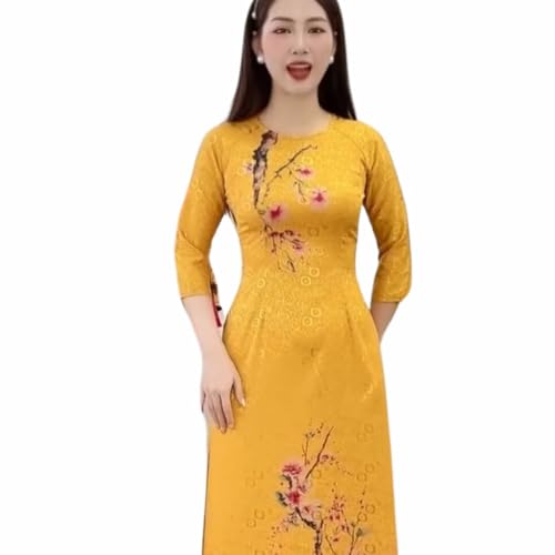 Traditional Vietnamese Ao Dai Set, 3/4 Sleeve, 4D HOA Print Ao Dai Dress, Yellow