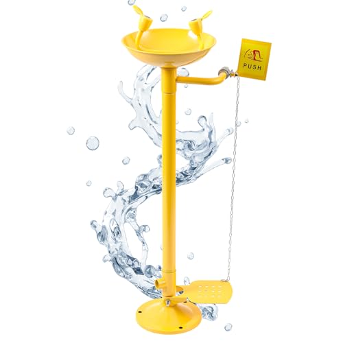 Image of Yaocom Eye Wash Station Stand up Emergency Pedestal Mounted Eyewash Station Adjustable Water Flow Hands Free Operation Stainless Steel Floor Mount Eyewash with Dual Spray Head and Pedal(Yellow)