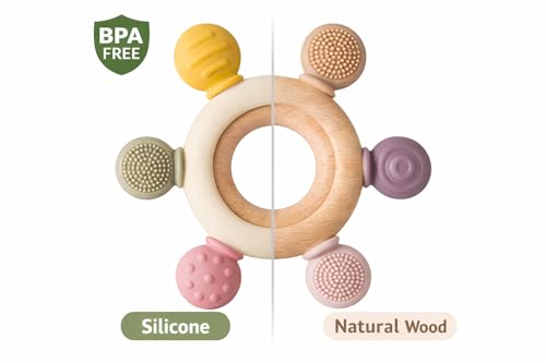 Image of ToyTastic Baby Teething Toy Ring with Multi-Texture Silicone & Wooden Grip | BPA Free Teether for Infants | Sensory Chew Toy for Gum Relief & Motor Skill Development