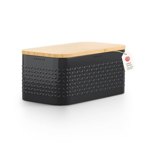 Image of LARS NYSOM Bread Box I Metal bread box for long lasting freshness with non-slip pads I Baked goods Bin with bamboo lid usable as cutting board I 13.6x7.3x6.2in (Carbon Black)