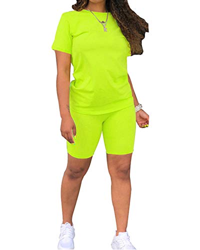 Womens Lightweight 2 Piece Sports Outfit Tracksuit Shirt Shorts Jogger Sportswear Biker Set Neon Yellow
