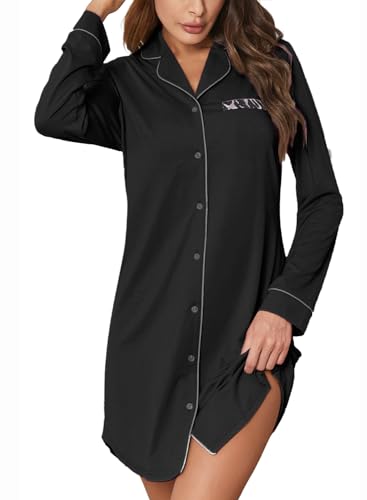 Rayson Camisones para Mujer Satén Ropa de Dormir de con Botones y Bolsillos Laterales Camisón de Cuello en V Manga Larga Ropa de Dormir Suave(Negro,XL)