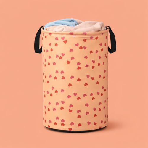 Image of Printed Laundry Basket 48L | Foldable Storage Bag with Handles | Multipurpose Clothes Hamper for Bedroom, Bathroom & Dorm | Non-Woven Fabric (Heart Print) | Orange | Pack of 1