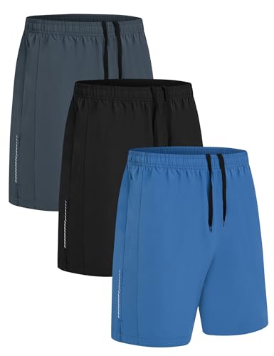 3-Pack Mens Sports Gym Fitness Shorts Quick Dry Running Shorts Casual Basketball Shorts Blue Dgrey Black L