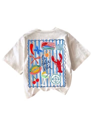 Image of RoseSeek Women's Graphic Letter Tee Crew Neck Trendy Summer Vintage T Shirt