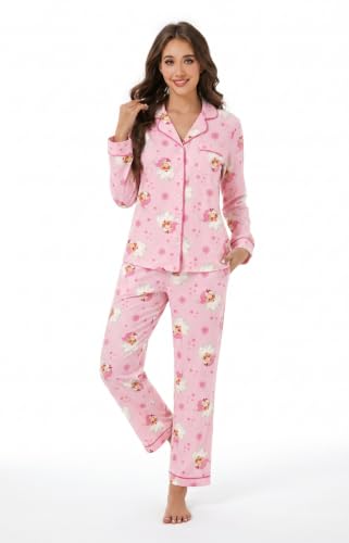 Image of LUBOT Christmas Pajamas for Women 100% Cotton Pajama 2 Piece PJ Set Soft Long Sleeve Button Xmas Print Loungewear XS-XXL